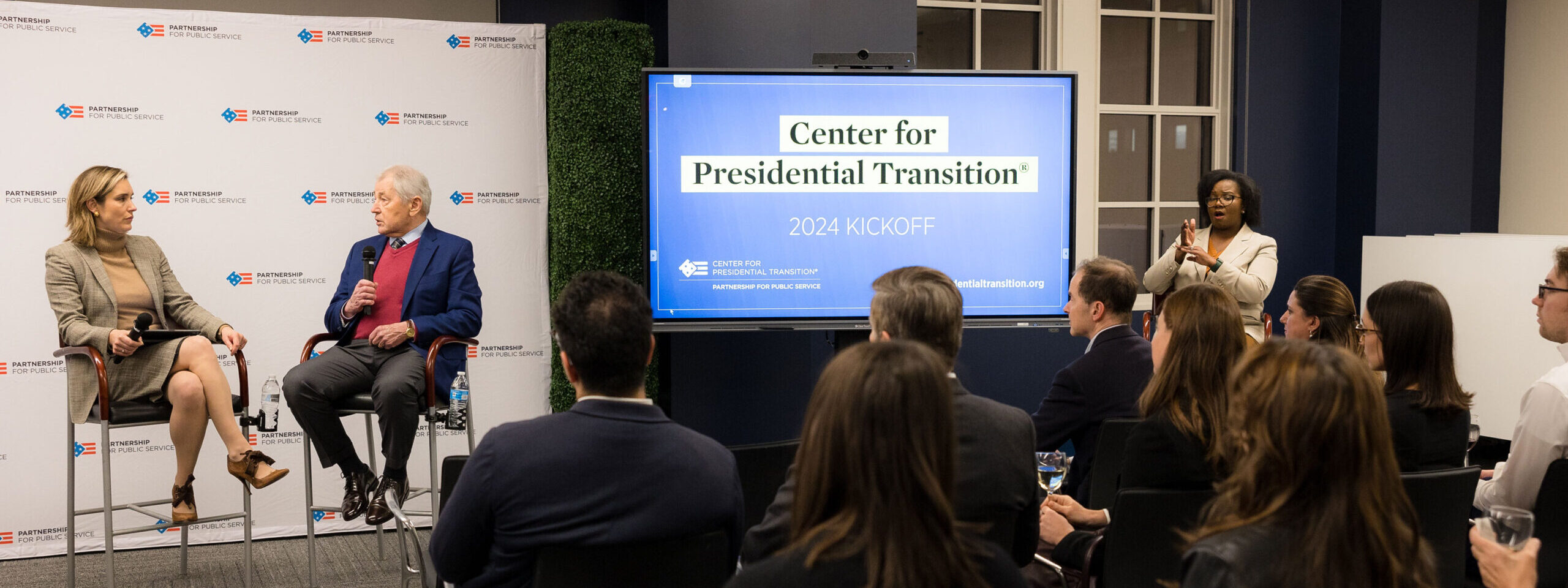 CBS’ Margaret Brennan and former Defense Secretary Chuck Hagel during the Center for Presidential Transition 2024 kickoff.